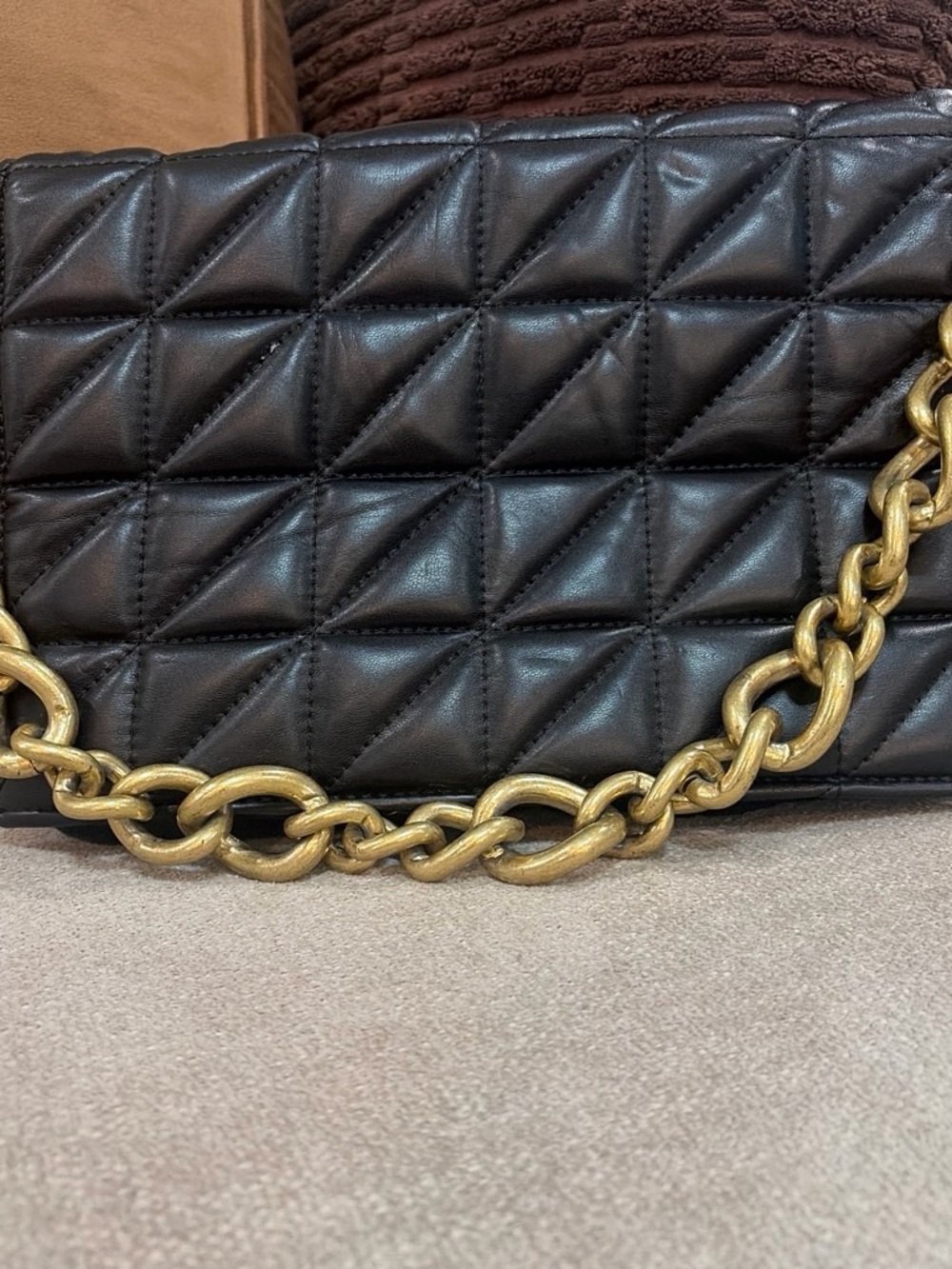 Zara Black Quilted Shoulder Bag with Gold Chain